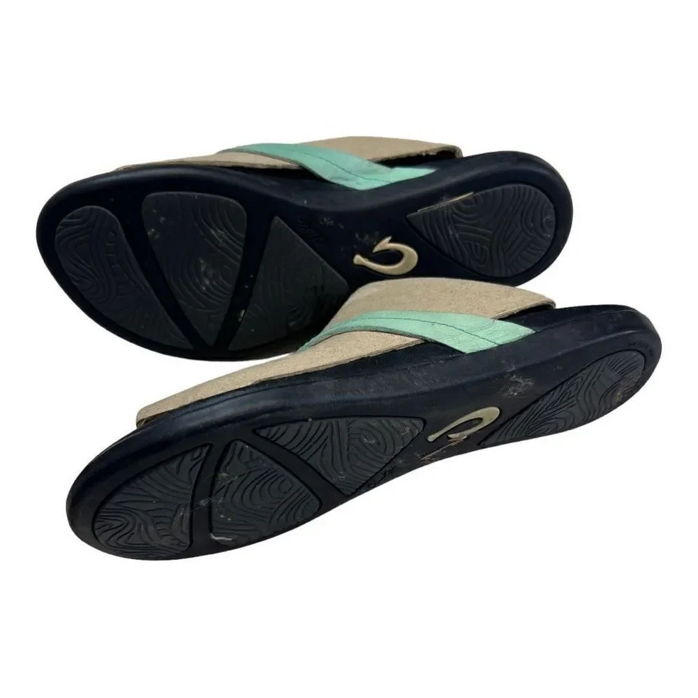OluKai Womens Slip On Leather Flat Heel Flip Flop Sandals Black Blue Blue Sz 7 W